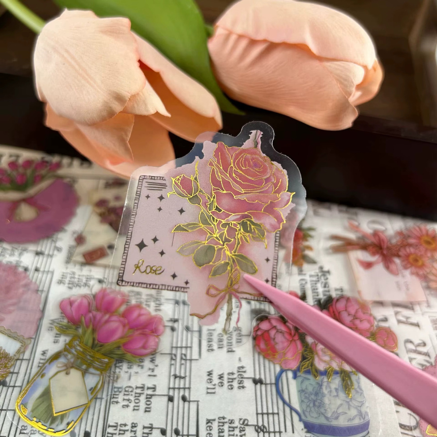 50 Stück Cartoon Aufkleber mit Blumen und Herzen aus transparentem PET für dein Notebook und Schreibwaren, Mehrfarbig - Bild 2