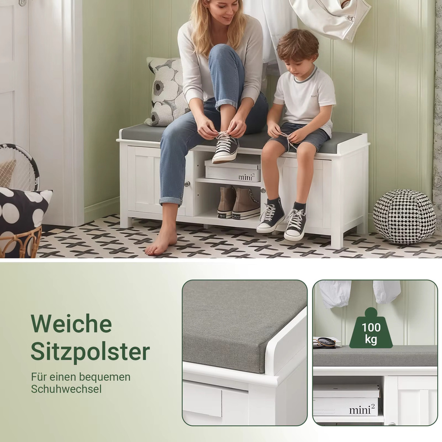 SoBuy FSR35-W Schuhschrank und Garderobenbank mit Sitzkissen in Weiß, B/T/H: 105 x 43 x 35 cm - Bild 3