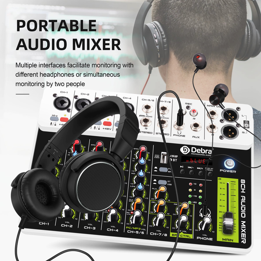 Debra V4/V8 Audio-Interface-Mixer DJ-Controller in Schwarz mit Bluetooth, USB und 48V Phantomspeisung sowie Delay-Replay-Effekt für Computeraufnahmen - Bild 5
