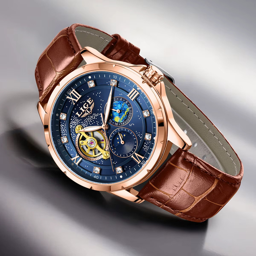 LIGE Herrenuhr, Automatik, Analoguhr, Blau, Roségold, Leder, Zirkonia - Bild 3