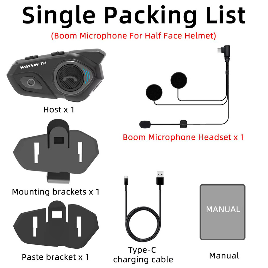 WAYXIN Helm Headset T2 Motorrad Bluetooth Intercom für 2 Fahrer, Bluetooth 5.1, wasserdicht, Schwarz - Bild 6
