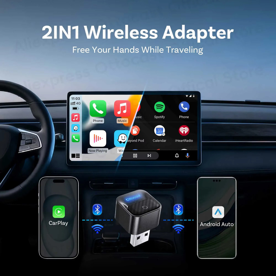 Ottocast Mini Core Wireless CarPlay und Android Auto Adapter 2 in 1 Dongle mit Smart Button in Schwarz für VW Toyota MG - Bild 2