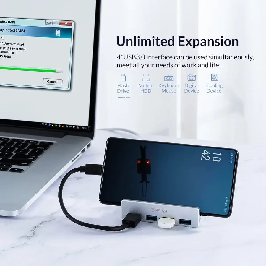 ORICO USB 3.0 Hub mit Netzteil und Clip-Typ als Splitter Adapter für schnelle Datenübertragung, Schwarz - Bild 3