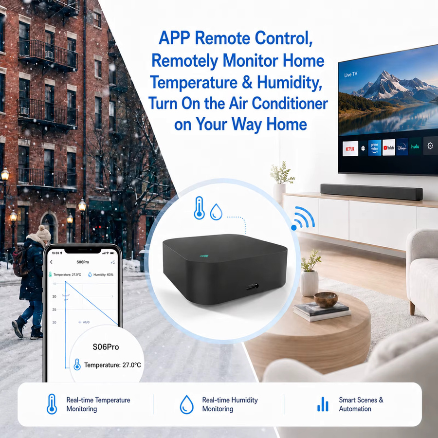 Tuya WiFi IR-Fernbedienung mit Temperatur- und Feuchtigkeitssensor in Schwarz, Smart Home Controller für TV und Klimaanlage, kompatibel mit Smart Life, Alexa und Google Home - Bild 2