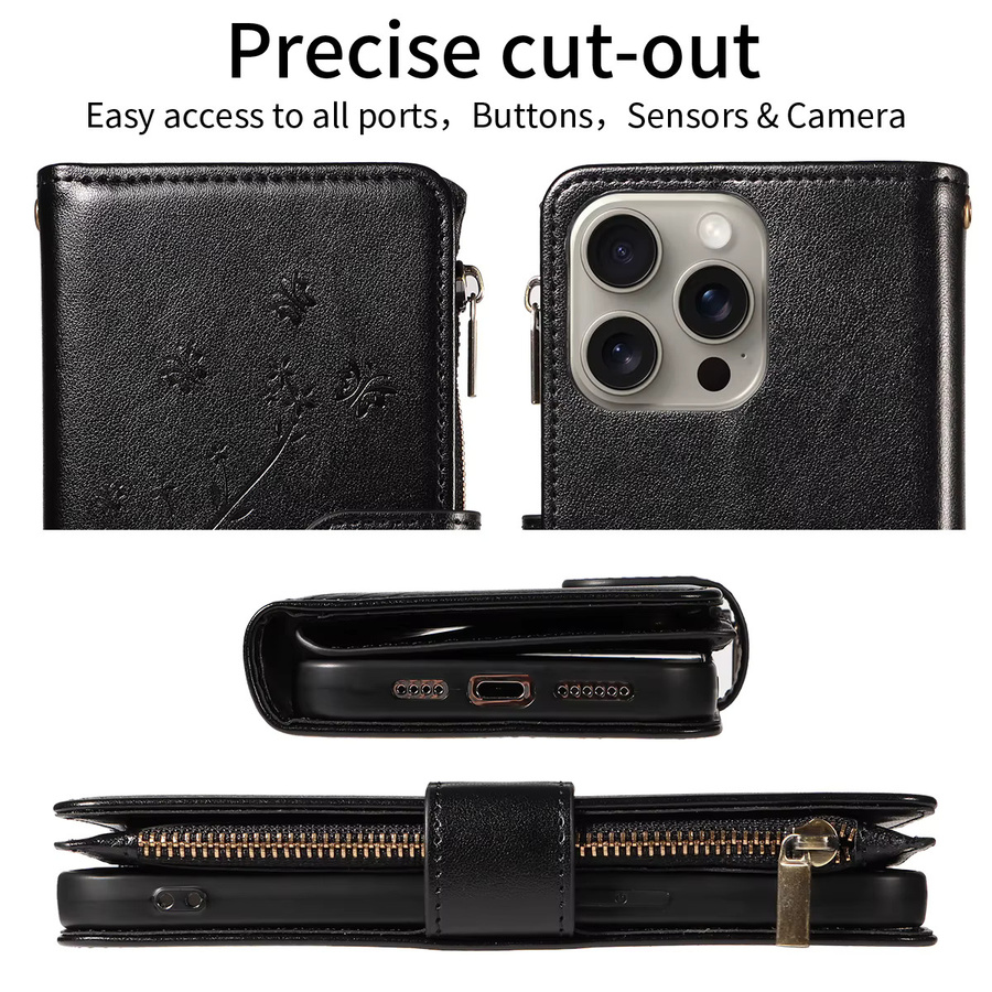 Multifunktions-Handyhülle aus PU-Leder mit Reißverschluss als Flip Wallet Case für iPhone 16 Pro Max 15 14 13 12 11 7 8 X XS XR in Schwarz oder Braun - Bild 2
