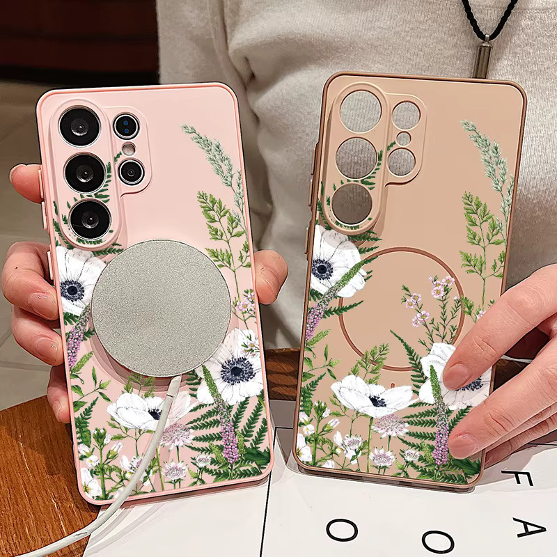Magnetische Handyhülle mit Blumen- und Blattmuster für Samsung Galaxy S25 S26 Ultra Edge S24 S23 FE A17 A56 A37 A16 A55 A15 A36 A55 Cover in Schwarz - Bild 2