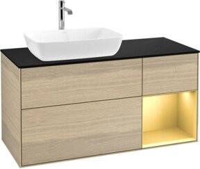 V&B Waschtischunterschrank Finion Wandbeleuchtung in Platinblau matt mit Eichenregal in Gold matt Lackierung, Farbe: Beige, Breite: 120 cm, Tiefe: 50,1 cm, Höhe: 50,1 cm - Bild 1