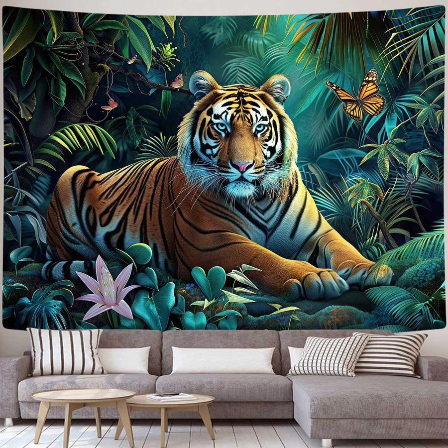 VIKAMA Wandteppich mit Tiger-Motiv im tropischen Dschungel-Design zur Wanddekoration - Bild 3