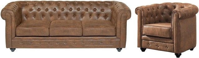 Vente-unique Chesterfield Couchgarnitur aus Microfaser und Kunstleder in Braun bestehend aus einem 3-Sitzer Sofa und einem Sessel mit Breite: 205 cm, Tiefe: 82 cm - Bild 1