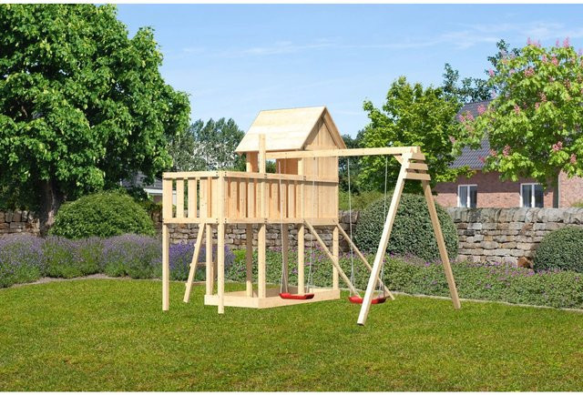 Karibu Stelzenhaus Frieda Doppelschaukel mit Anbauplattform und Netzrampe - Bild 1