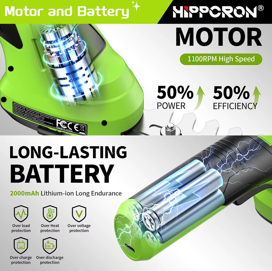 Hippcron 2-in-1 Elektrische Heckenschere und Grasschere in Grün mit wiederaufladbarem Lithium-Ionen-Akku und Typ-C-Ladekabel - Bild 2