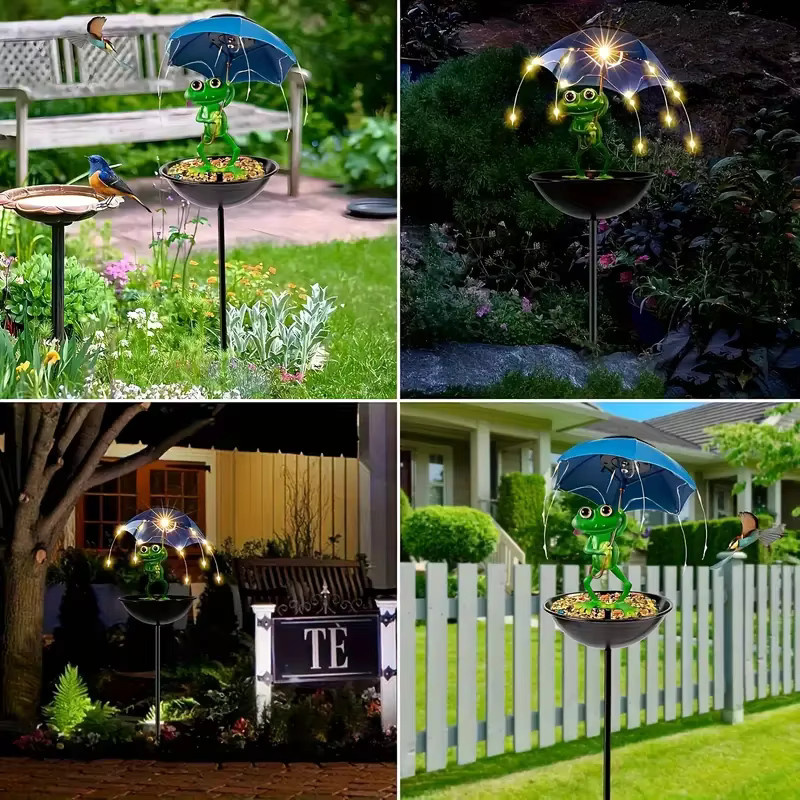 Solarbetriebene Froschstatue mit Kolibri-Vogelfutterspender und LED-Wegbeleuchtung von ledcbet in Blau und Mehrfarbig - Bild 4