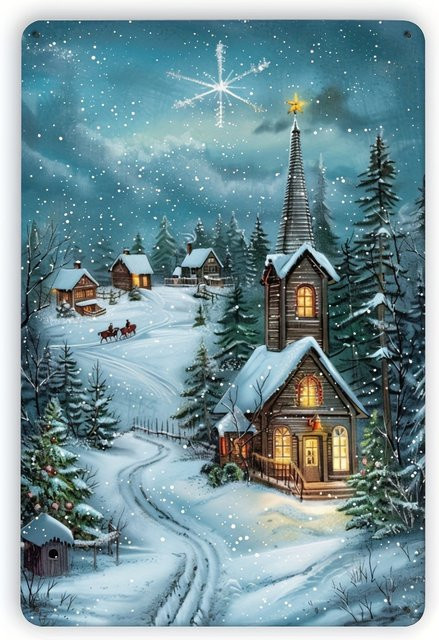 MINISO Vintage-Weihnachtsdorf Metallblechschild in Mehrfarbig, Rechteckige Wandkunst für Innen- und Außenbereich, B/H: 30 x 20 cm - Bild 1