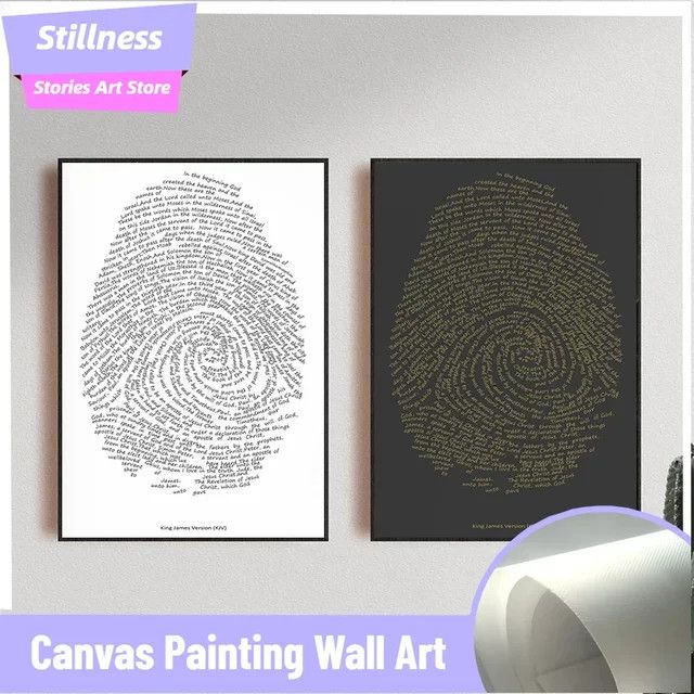 Stillness Stories Christliches Kunstwerk Poster Jesus Fingerabdruck mit Bibelvers in Schwarz und Gold, Nordische Wandkunst auf Leinwand, rahmenlos - Bild 1