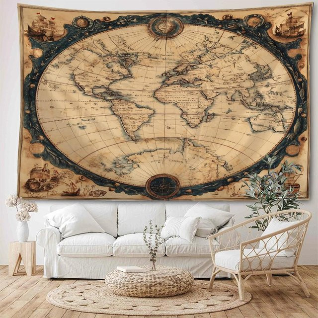 Wandteppich mit Vintage nautischer Weltkarte von ZHENZHENRISHANG, Polyester, B: 150 cm, H: 130 cm - Bild 1