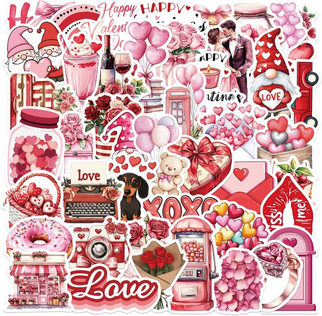 50 Stück rote Cartoon-Aufkleber im Vintage-Stil für Valentinstag, ästhetische DIY-Sticker für Notizbücher, Laptops und Telefone - Bild 1