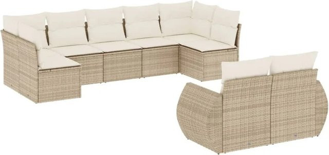 vidaXL 9-teilige Garten-Sofagarnitur in L-Form aus beige farbenem PE-Rattan mit Polsterkissen und pulverbeschichtetem Stahlgestell - Bild 1