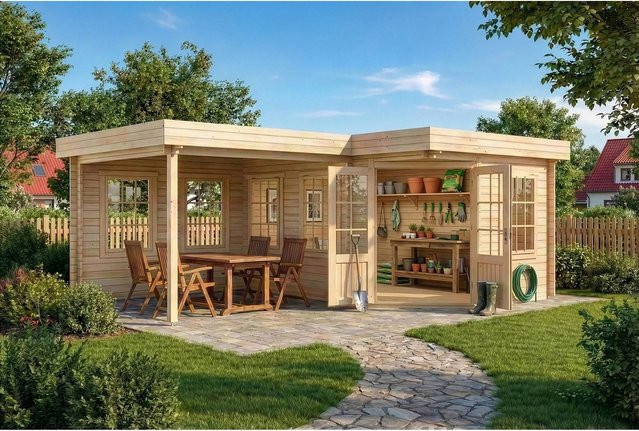 Alpholz 5-Eck Gartenhaus Pepe Flachdach in Blockbohlenbauweise Unbehandelt B: 422 cm, T: 276 cm, H: 236 cm - Bild 1