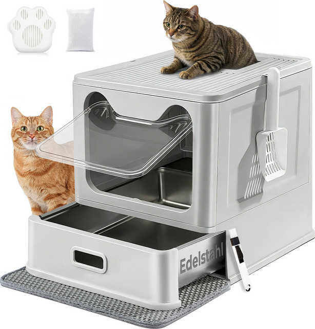 LEEJARD Katzentoilette aus Edelstahl mit Deckel und ausziehbarem Tablett in Weiß inklusive Katzenklo Matte und Schaufel für Katzen bis 15 kg - Bild 1