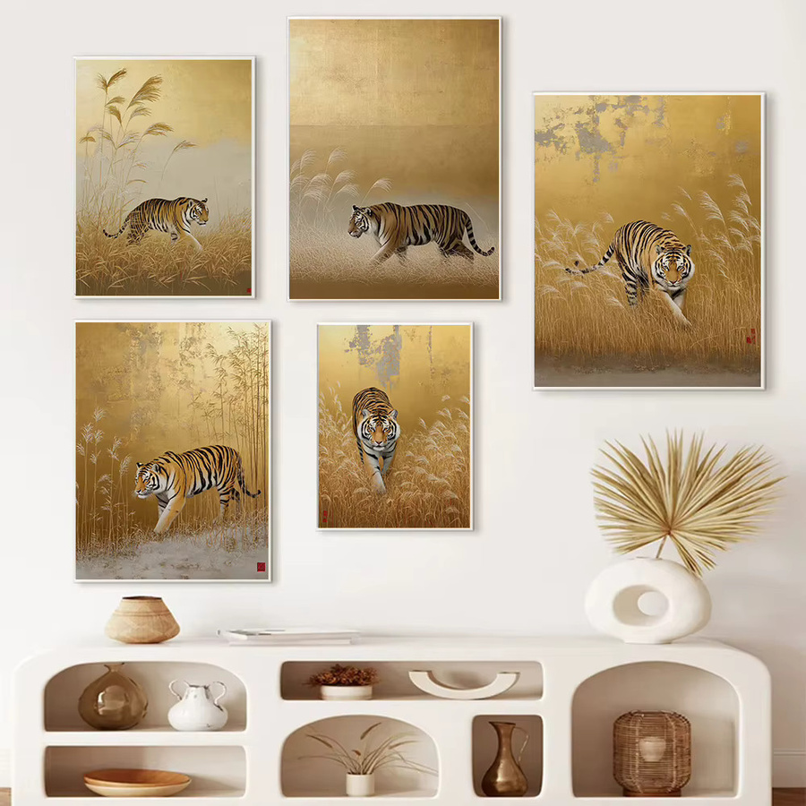 Potdemiel Retro Illustration Poster Japanische Waldtierwelt Fierce Tiger Leinwand Wandkunst Bild Mehrfarbig - Bild 2