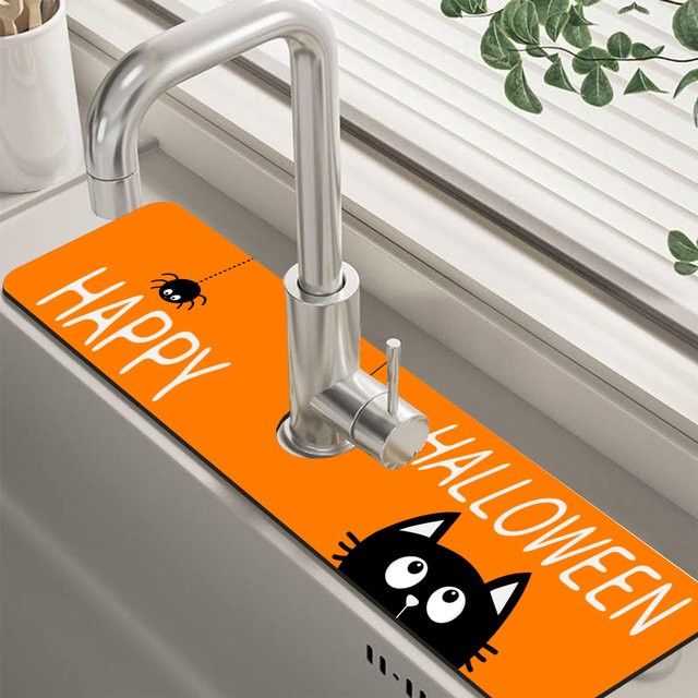 VIKAMA Küchenspüle Spritzschutz Matte mit schwarzer Halloween Katze, saugfähig und schnell trocknend - Bild 1