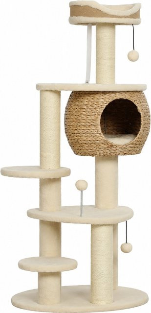 PawHut Kratzbaum Beige mit Rohrkolben-Höhle, Spielbällen und Sisalkratzstämmen, Höhe: 132 cm - Bild 1