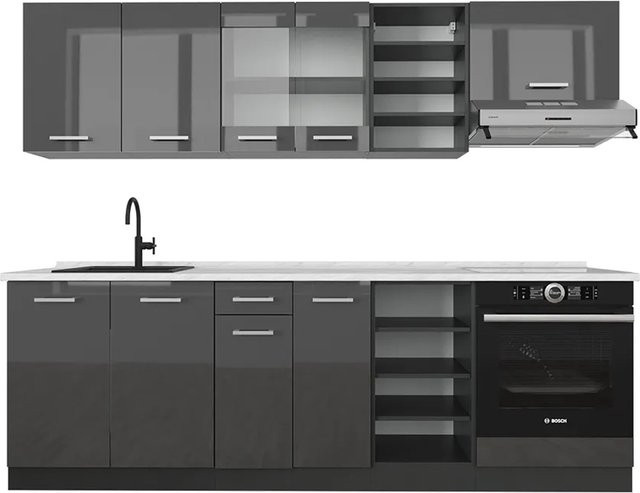 Vicco R-Line Küchenzeile Anthrazit Hochglanz mit Marmor-Optik, Breite: 240 cm - Bild 1