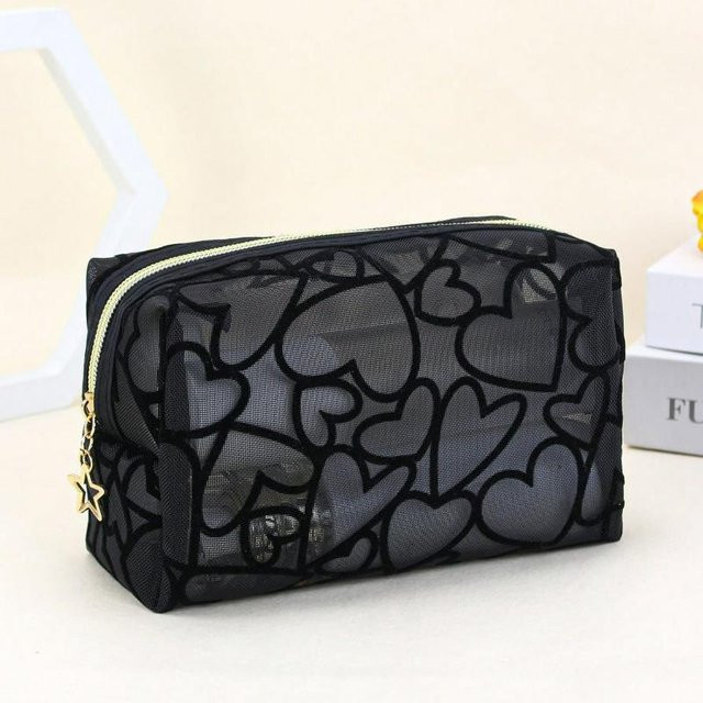 SZwatch Make-up-Tasche für Damen, Netz-Herz-Flock-Dekor, schwarz - Bild 1