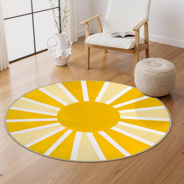 Lodestar Bohemian Sonnenmuster Teppich, Abstraktes Floral Design, Gelb, Rutschfest und Waschbar, Durchmesser: 40 cm - Bild 1
