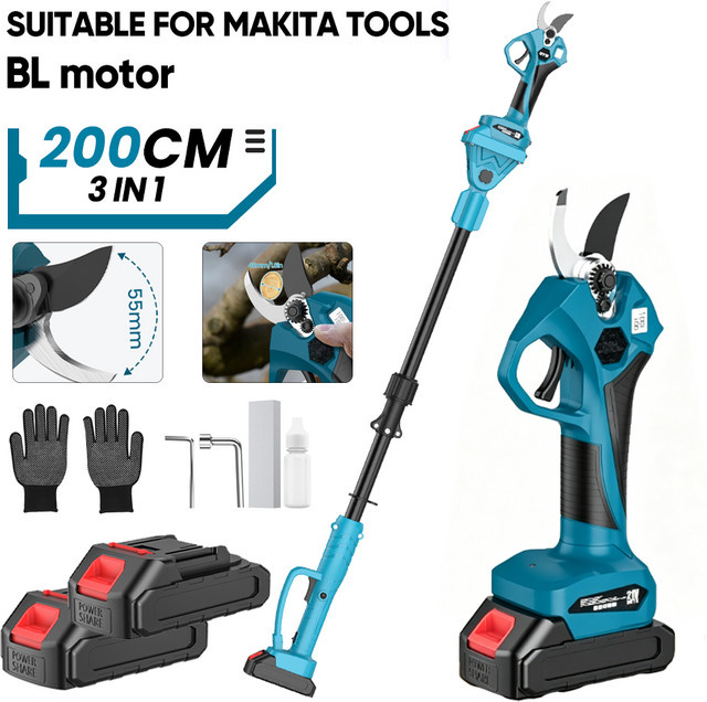 Kabellose bürstenlose elektrische Hochastschere mit 40mm Schnittkapazität und 2m Verlängerungsstange für Makita LXT Akkus, Blau - Bild 1