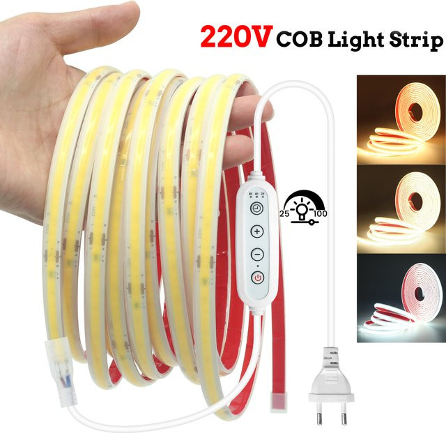 HEGEHE COB LED-Lichtstreifen IP67 Wasserdicht mit Dimmer-Kit, 220V, Selbstklebend, Silikon-LED-Band in Weiß - Bild 1
