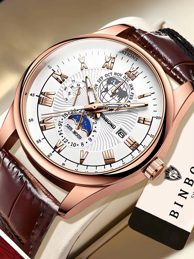 BINBOND Armbanduhr Quarz, Leder, Roségold, Weiß, Herren - Bild 6