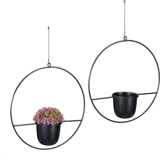 Relaxdays Blumenampel 2er Set aus Eisen und Kunststoff in Schwarz mit Haken, Höhe: 66 cm - Bild 1
