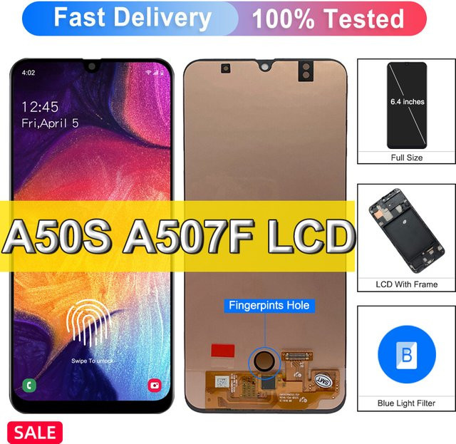 Samsung Super AMOLED LCD Display mit Rahmen und Fingerabdruck-Funktion für Galaxy A50s A507F A507FN in Schwarz - Bild 1