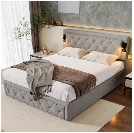 Gepolstertes Bett MUVOE in Grau mit Leinen-Kopfteil, Downlights und USB-Anschluss, B: 160 cm, L: 200 cm - Bild 1