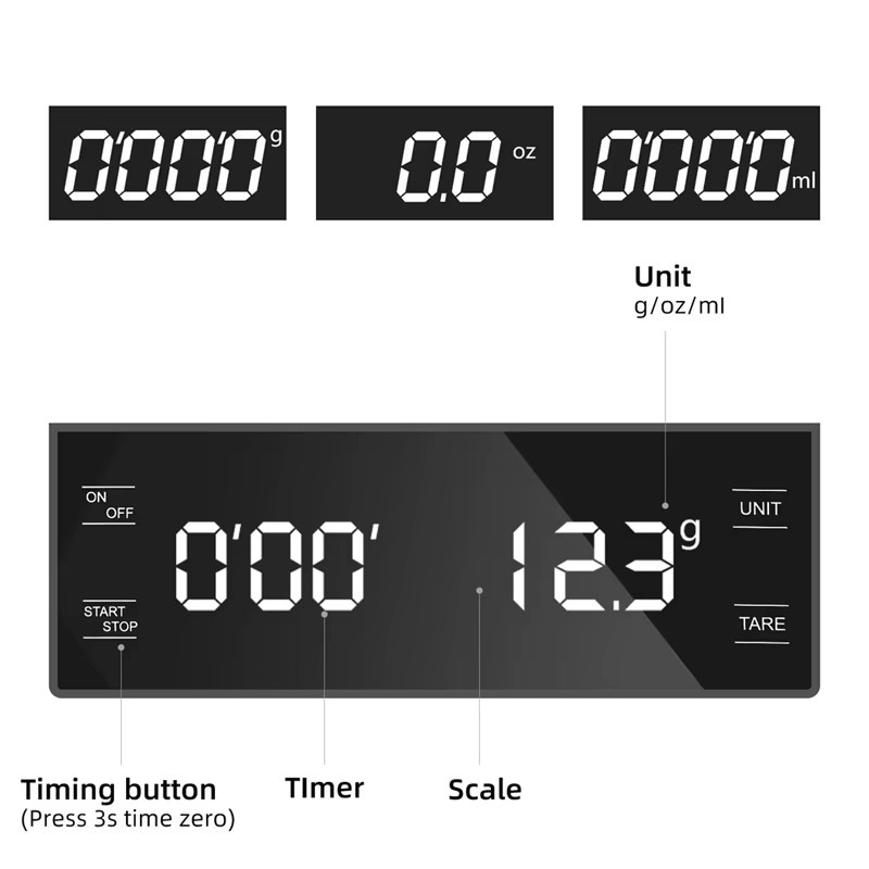 Digitale Kaffeewaage kebidumei mit Timer und LED-Display in Schwarz, hochpräzise Küchenwaage für Espresso bis 3 kg - Bild 5