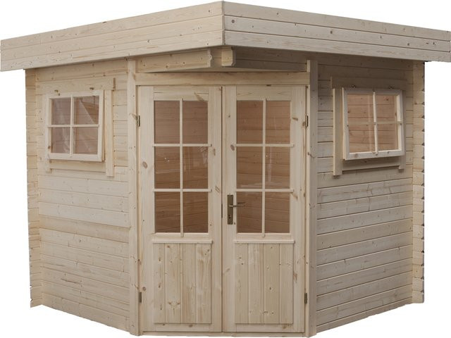 Modernes 5-Eck Gartenhaus mit Flachdach in 250 x 250 cm und 28 mm Wandstärke - Bild 1