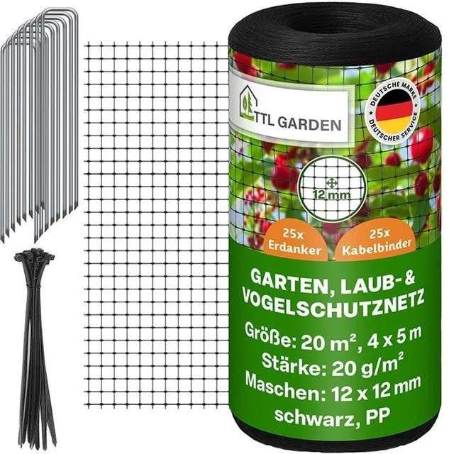TTL GARDEN Vogelschutznetz Schwarz 4 x 5 m mit 25 Erdankern, Maschenweite 12 x 12 mm, ideal als Laubnetz, Teichnetz oder Beetschutznetz - Bild 1