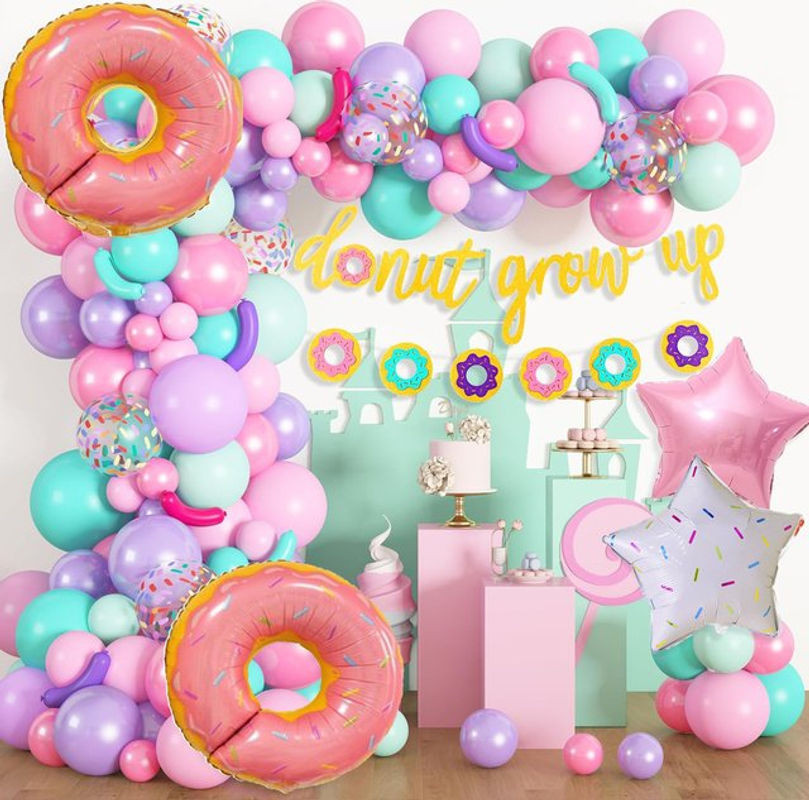 Donut Geburtstagsparty Dekoration Set mit Ballon-Girlanden und Banner in Rosa, Blau und Mehrfarbig für Kinder - Bild 1
