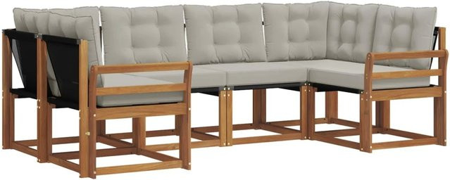 vidaXL Outdoor-Sofagarnitur 6-teilig aus Akazienholz und Textilene in L-Form mit Kissen, Grau und Natur - Bild 1