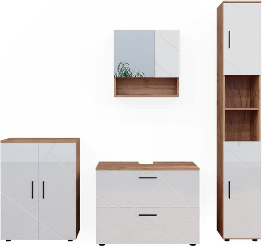Vicco Badmöbelset Irma in Eiche und Weiß Hochglanz, modernes 4-teiliges Badezimmer-Set - Bild 2
