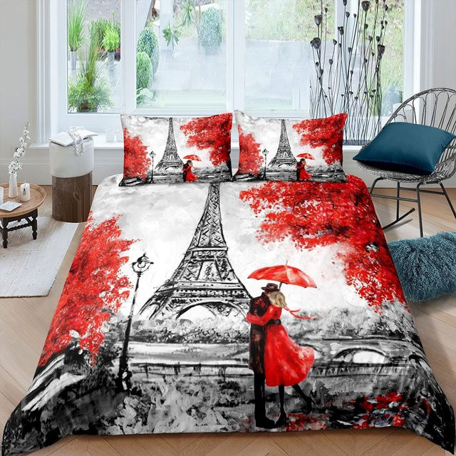 Bettwäsche-Set Your Warm Home Eiffelturm Design in Grau mit Vintage-Zeitungsprint, Queen-Size, B/H: 240 x 220 cm, inklusive 2 Kissenbezügen (50 x 70 cm) - Bild 1