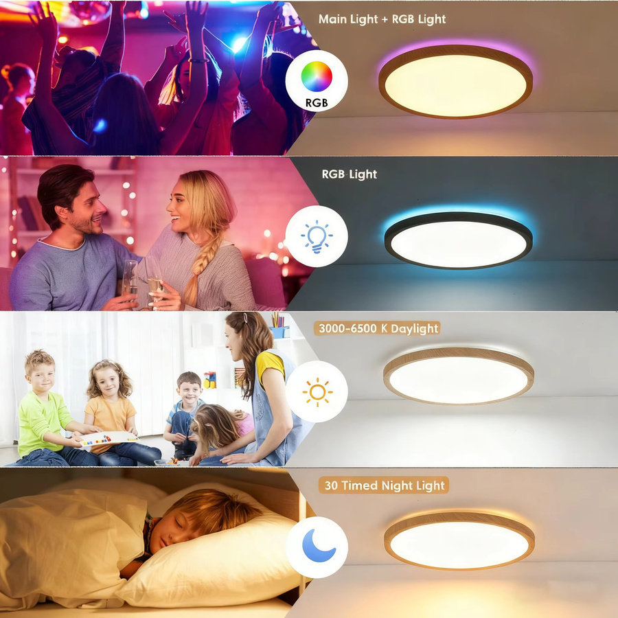 2er Set Oyajia RGB LED Deckenleuchten 24W mit Fernbedienung, dimmbar, modernes Design in Holzoptik, rund, Multicolour - Bild 2