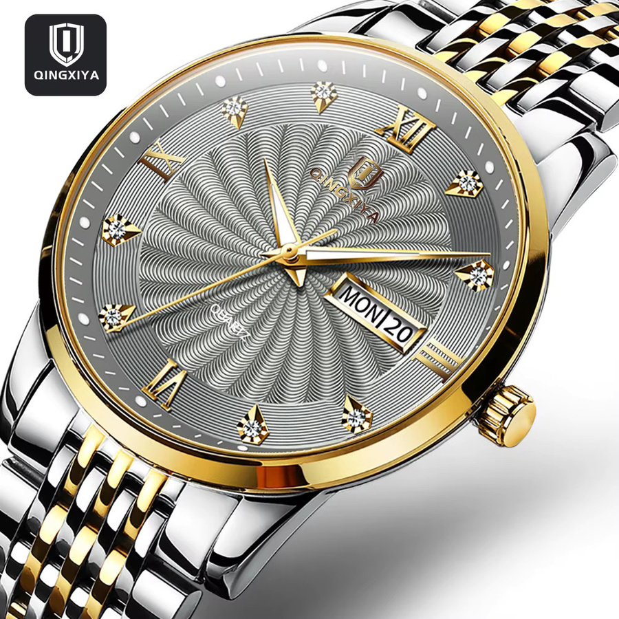 QINGXIYA Armbanduhr Quarz, Edelstahl, Grau, Herren, Wochentag, Datum - Bild 2