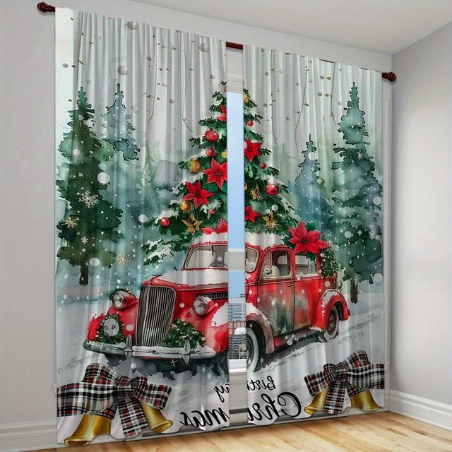 2er-Set Weihnachts Vorhänge mit Kiefernzweigen und goldenen Kugeln, Rot, halbtransparent, B: 50 cm, H: 130 cm - Bild 1