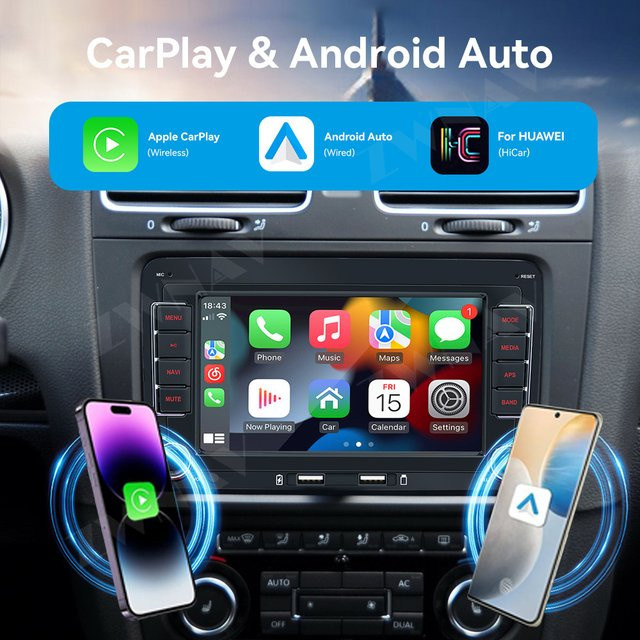 ZWNAV Android Auto Multimedia-Autoradio mit 7 Zoll Touchscreen, GPS-Navigation und Carplay für Volkswagen-Modelle, Schwarz - Bild 1