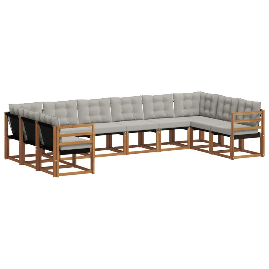 vidaXL Outdoor-Sofagarnitur aus Akazienholz in L-Form mit 10-teiligem Set, Textilene und Kissen, Natur und Hellgrau - Bild 2