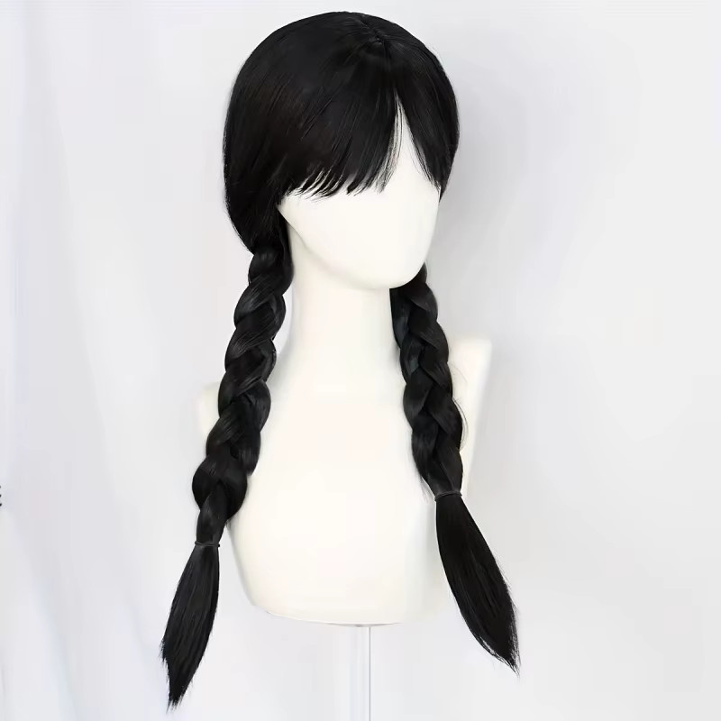 Suri Hair Perücke, lange schwarze geflochtene synthetische Damenperücke mit Pony, 2 geflochtene Pferdeschwänze - Bild 2