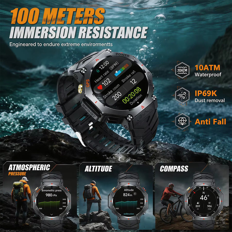 GUHUAVMI Smartwatch T-Rex 3, GPS, Bluetooth, Silikon, Schwarz, 10 ATM - Bild 2