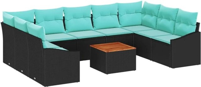 vidaXL Gartensofa-Set aus Poly-Rattan in Schwarz mit Kissen, 10-teiliges U-Form Lounge-Set mit Tisch - Bild 1
